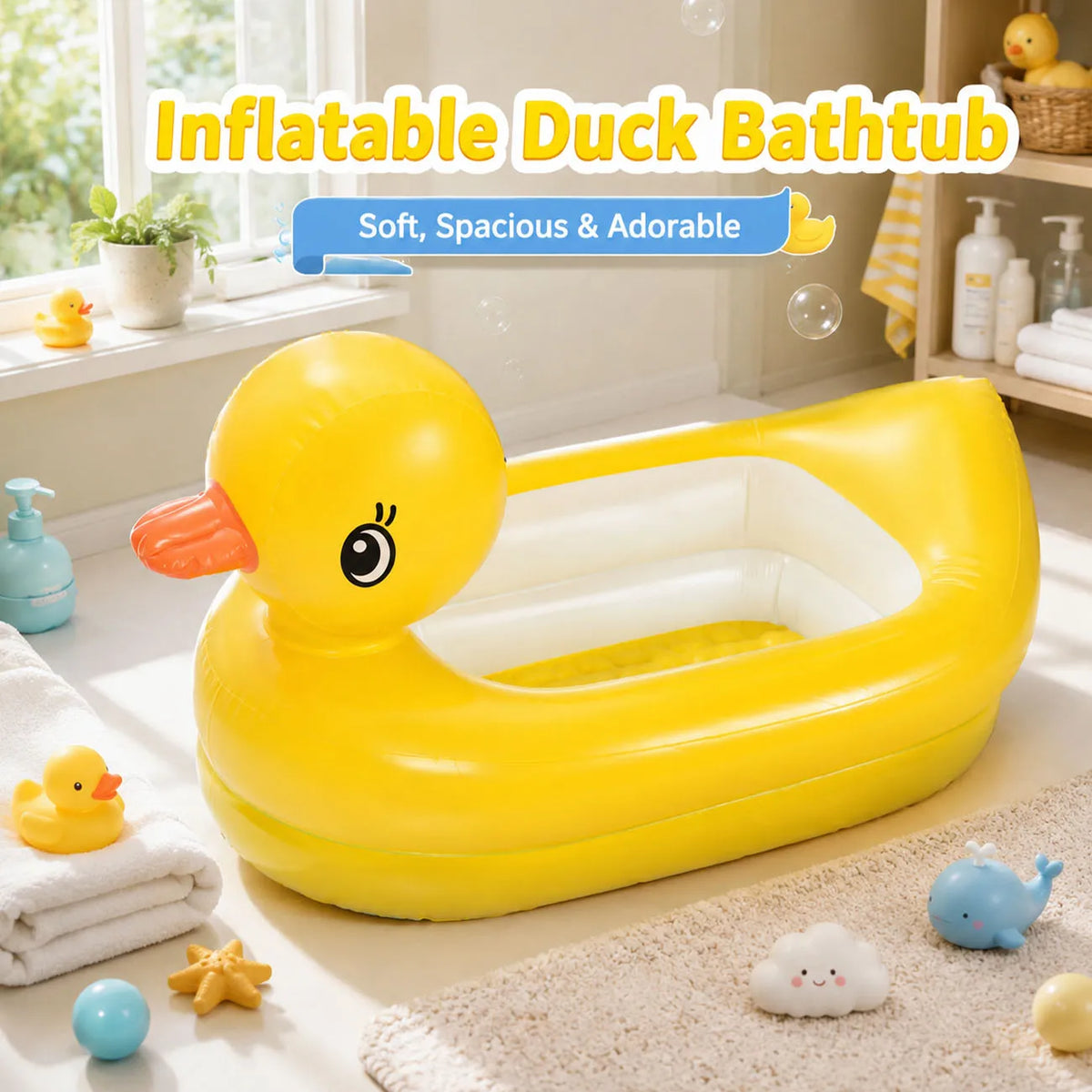1PC Duck Inflatable Baby Bathtub, Foldable Non-Slip Shower Basin Mini Air Swimming Pool, Classic Yellow Ducky