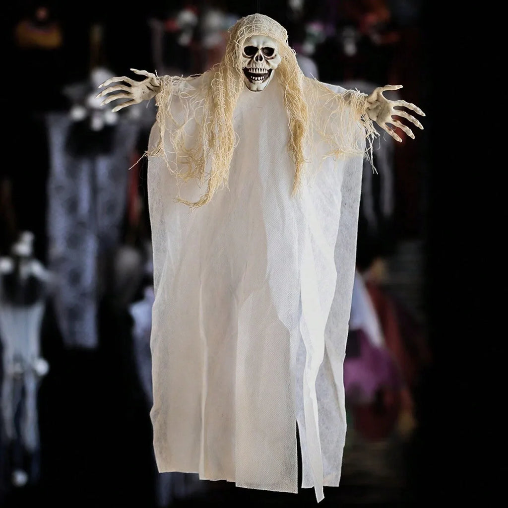 Halloween Hanging Skeleton Ghost Decor Black White Gauze Skull Ghost Ornaments Haunted House Yard Door Window Horror Party Props