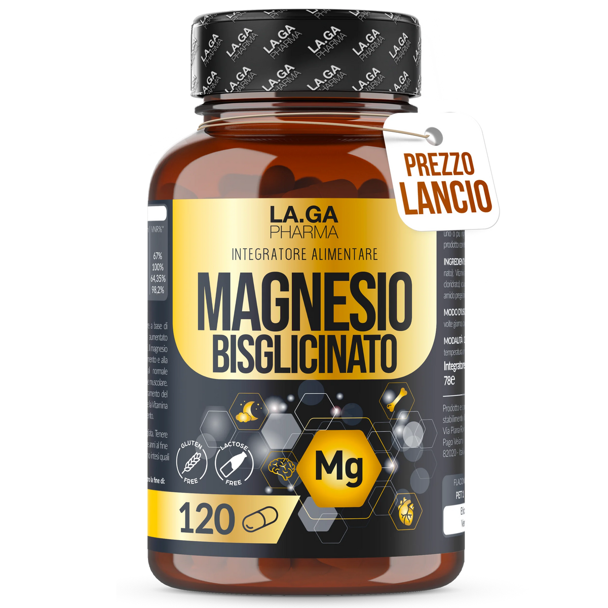 BISGLICINATED MAGNESIUM (Supply Up to 4 Months), Full Magnesium 120 Capsules with Vitamins B5, B6 and B1. Integrator Fatigue and Stress. Gluten-free and Lactose-free, Made In Italy. LAGA PHARMA | LAGA Pharma. LAGA Healthy. LA