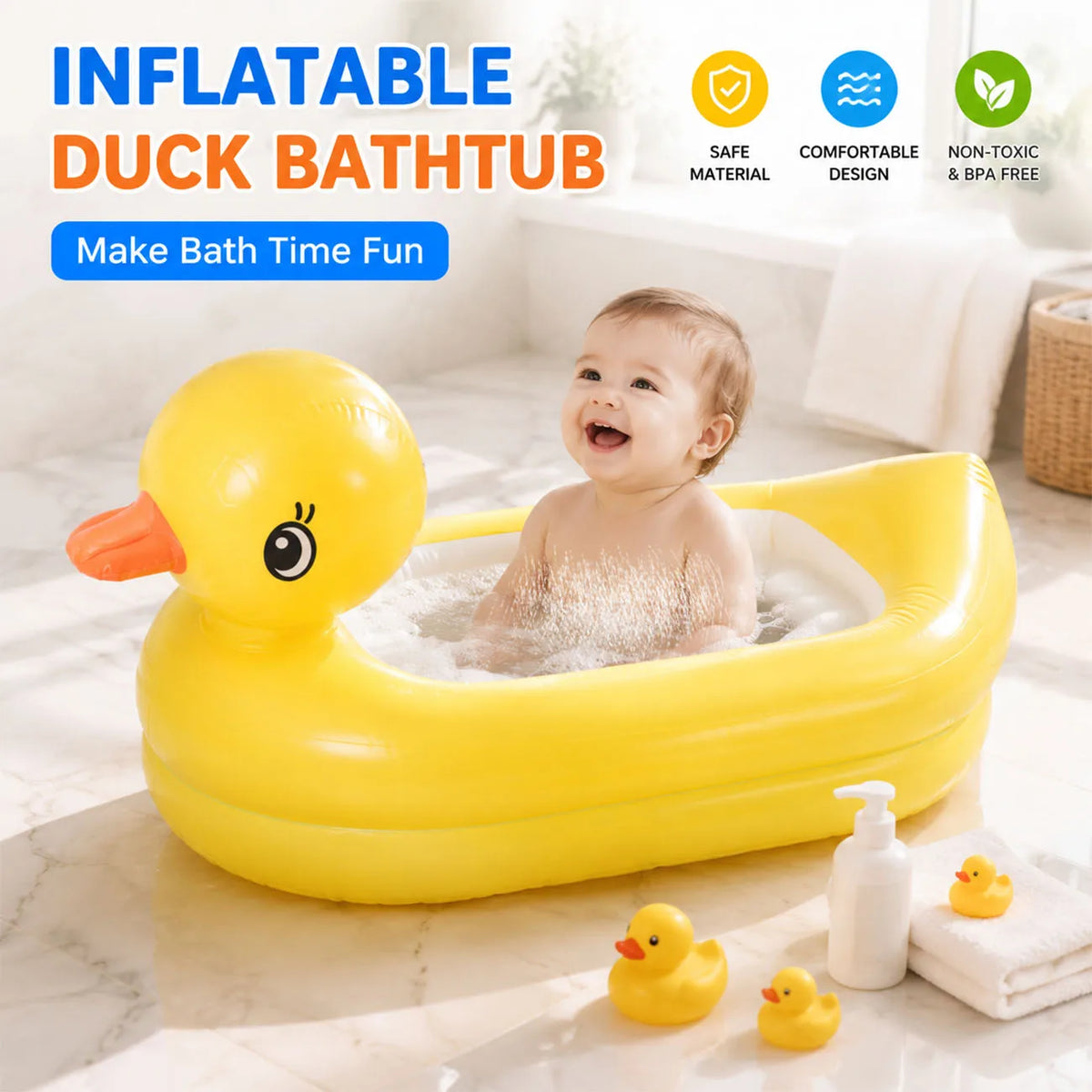 1PC Duck Inflatable Baby Bathtub, Foldable Non-Slip Shower Basin Mini Air Swimming Pool, Classic Yellow Ducky