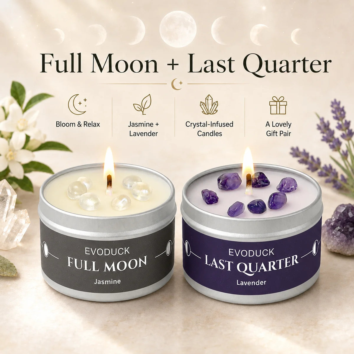 Waning Moon Scented Candle Soy Wax Lavender Scented Candles Silver Tin with Purple Crystal Chips Bestfriend Gifts Gift for Woman