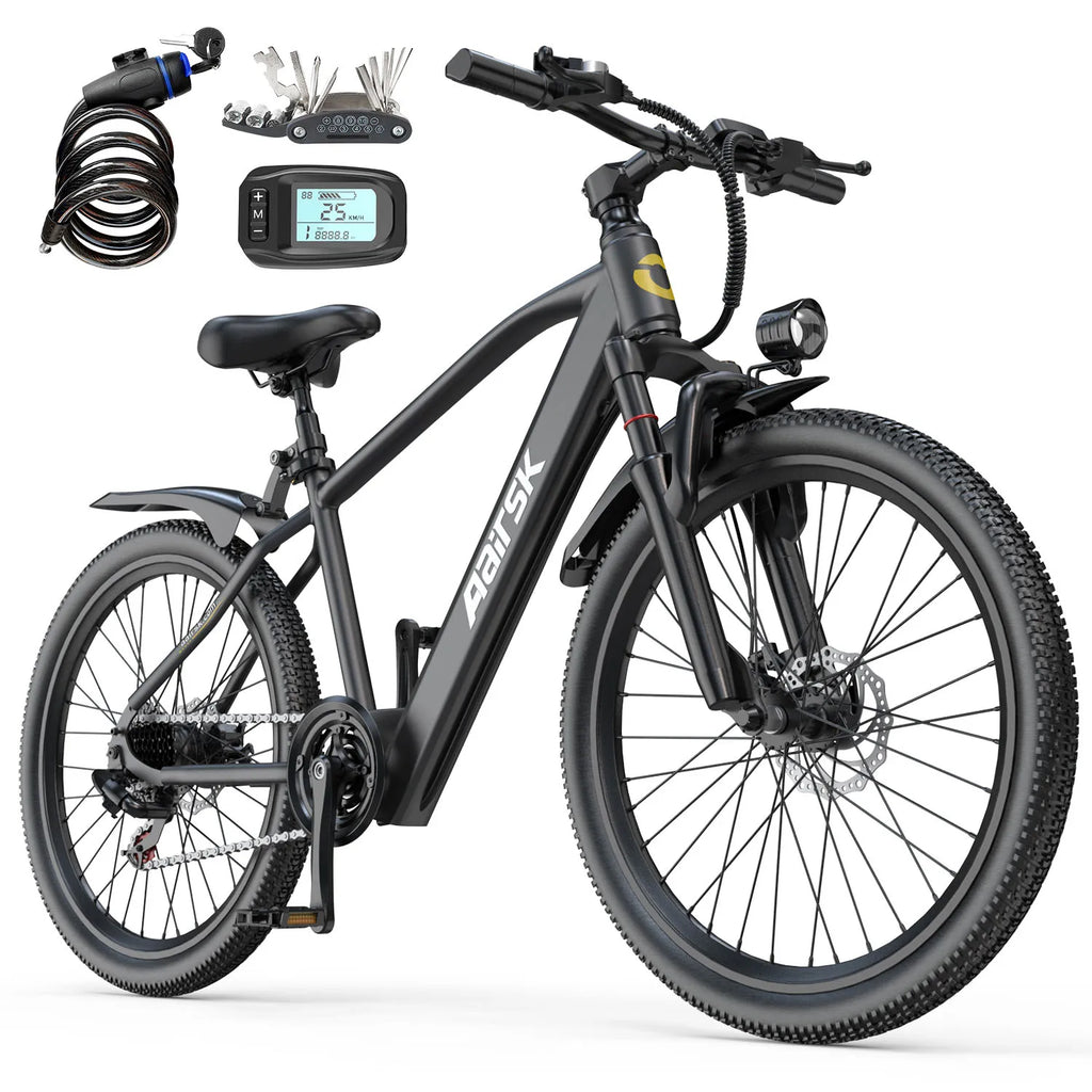 26' Electric Mountain Bike for Adults, 250W Brushless Motor, 36V 10Ah 468Wh Battery, Up to 40 Miles Range, 25km/h 7-Speed E Bike, Front Suspension NFC Unlock