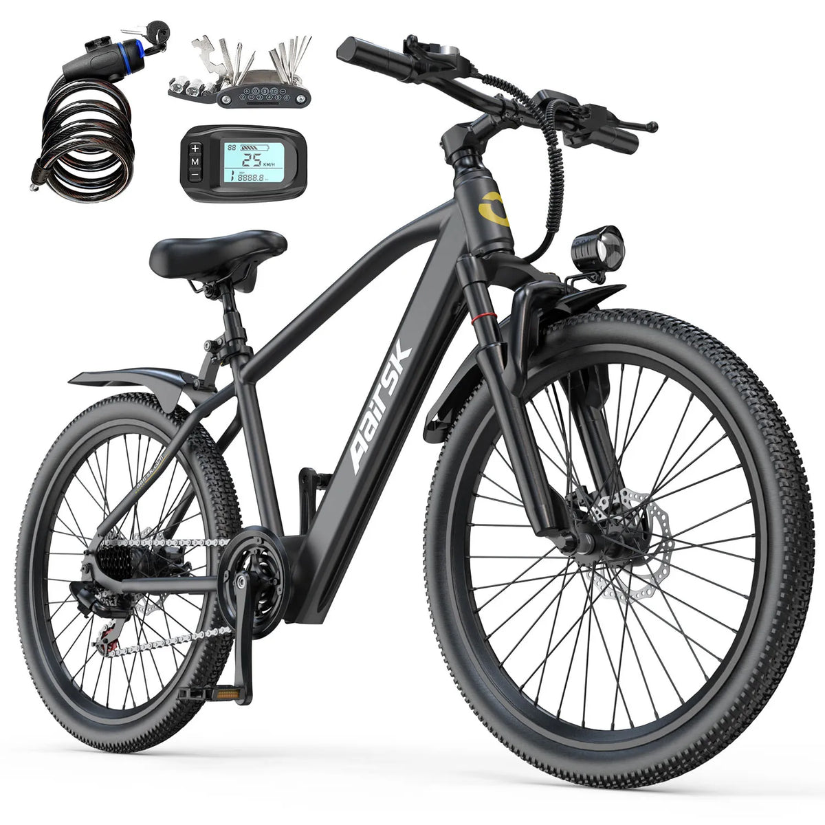 26" Electric Mountain Bike for Adults, 250W Brushless Motor, 36V 10Ah 468Wh Battery, Up to 40 Miles Range, 25km/h 7-Speed E-Bike, Front Suspension NFC Unlock