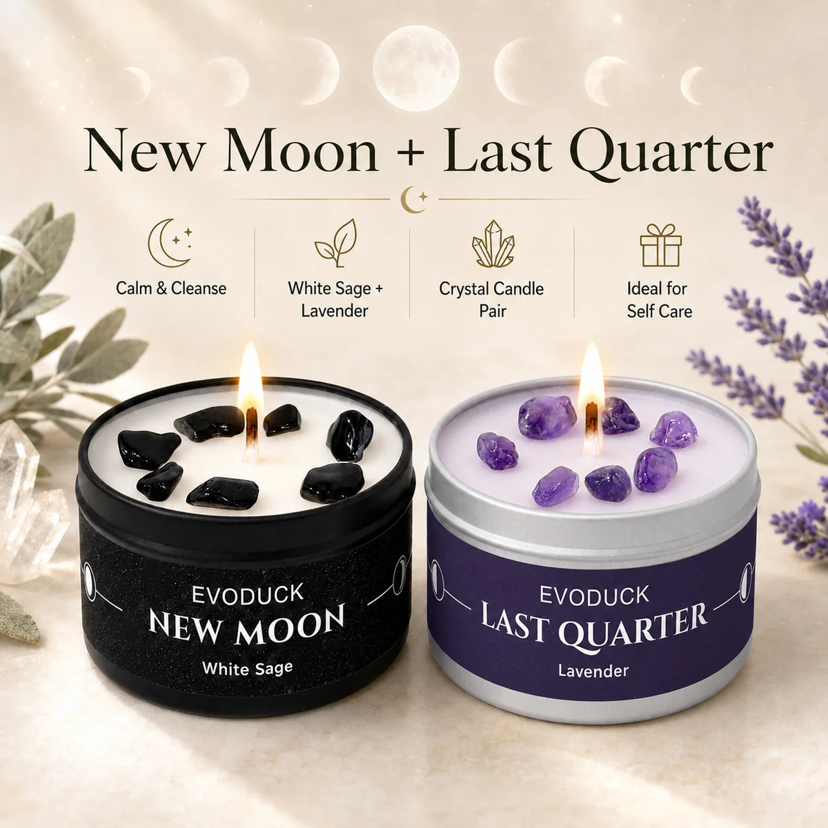 Waning Moon Scented Candle Soy Wax Lavender Scented Candles Silver Tin with Purple Crystal Chips Bestfriend Gifts Gift for Woman