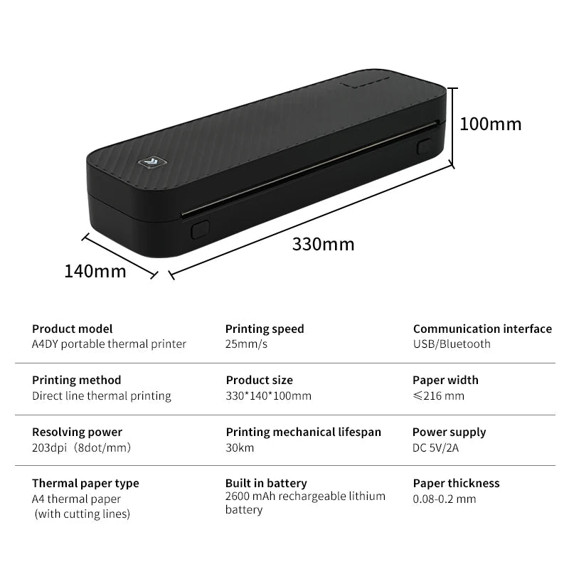 Inkless Portable A4 Thermal Printer, Bluetooth Wireless for PDF Excel Word Documents, Ideal for Home Office School Use