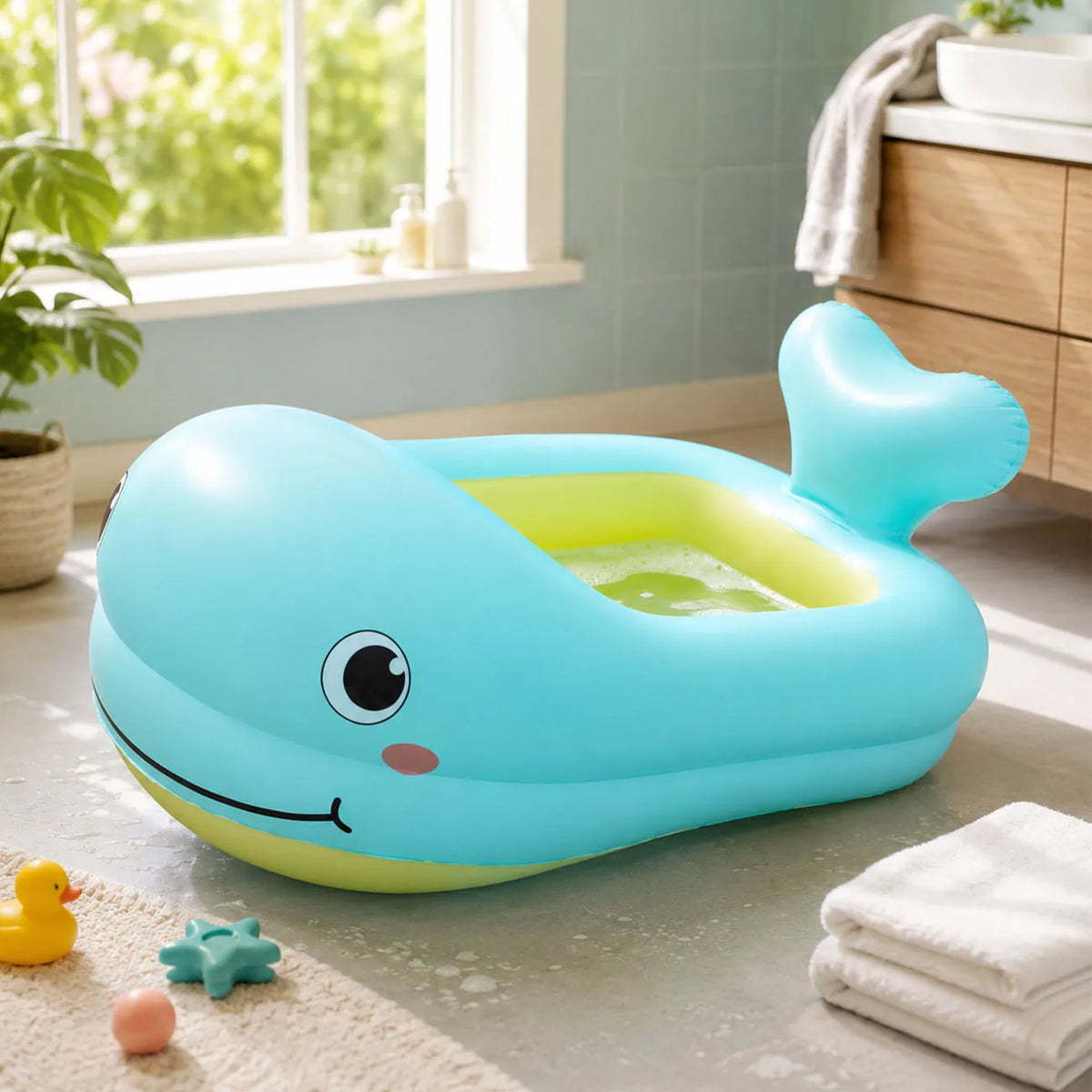 1PC Duck Inflatable Baby Bathtub, Foldable Non-Slip Shower Basin Mini Air Swimming Pool, Classic Yellow Ducky
