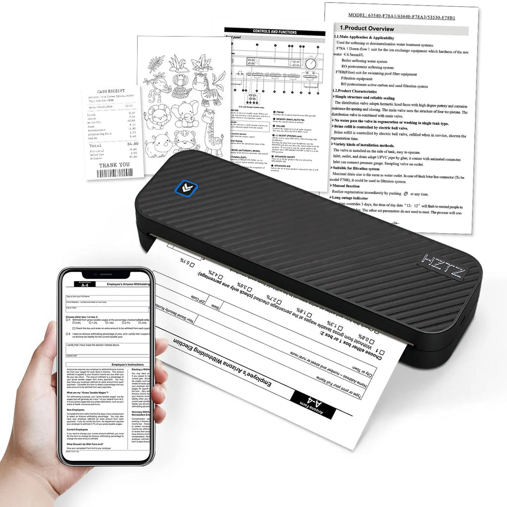 Stampante termica portatile A4 senza inchiostro, wireless Bluetooth per documenti PDF, Excel e Word, ideale per uso domestico, ufficio e scuola