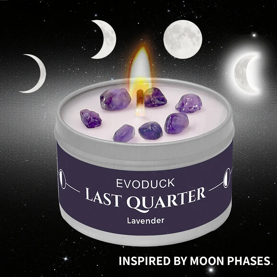 Waning Moon Scented Candle Soy Wax Lavender Scented Candles Silver Tin with Purple Crystal Chips Bestfriend Gifts Gift for Woman
