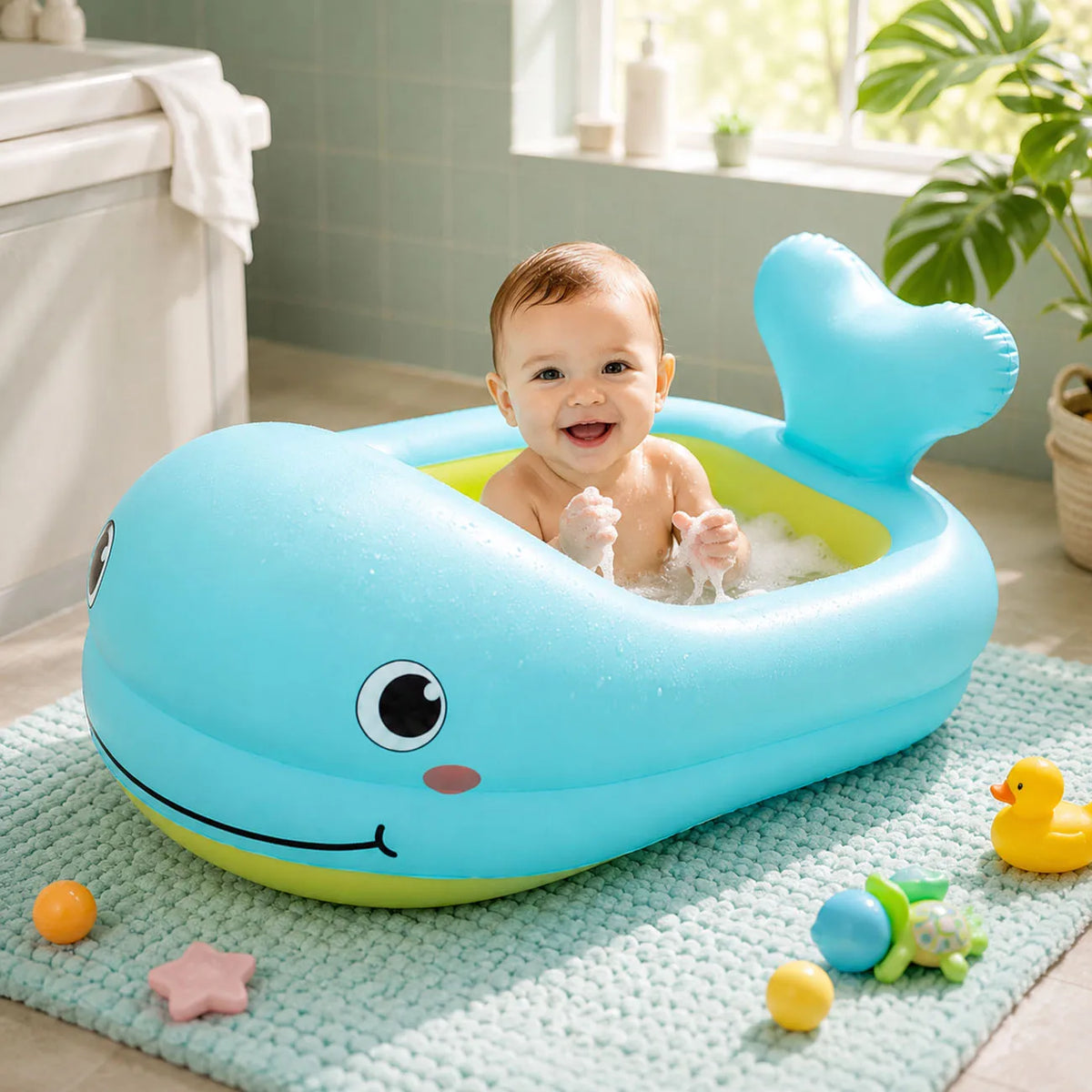 1PC Duck Inflatable Baby Bathtub, Foldable Non-Slip Shower Basin Mini Air Swimming Pool, Classic Yellow Ducky