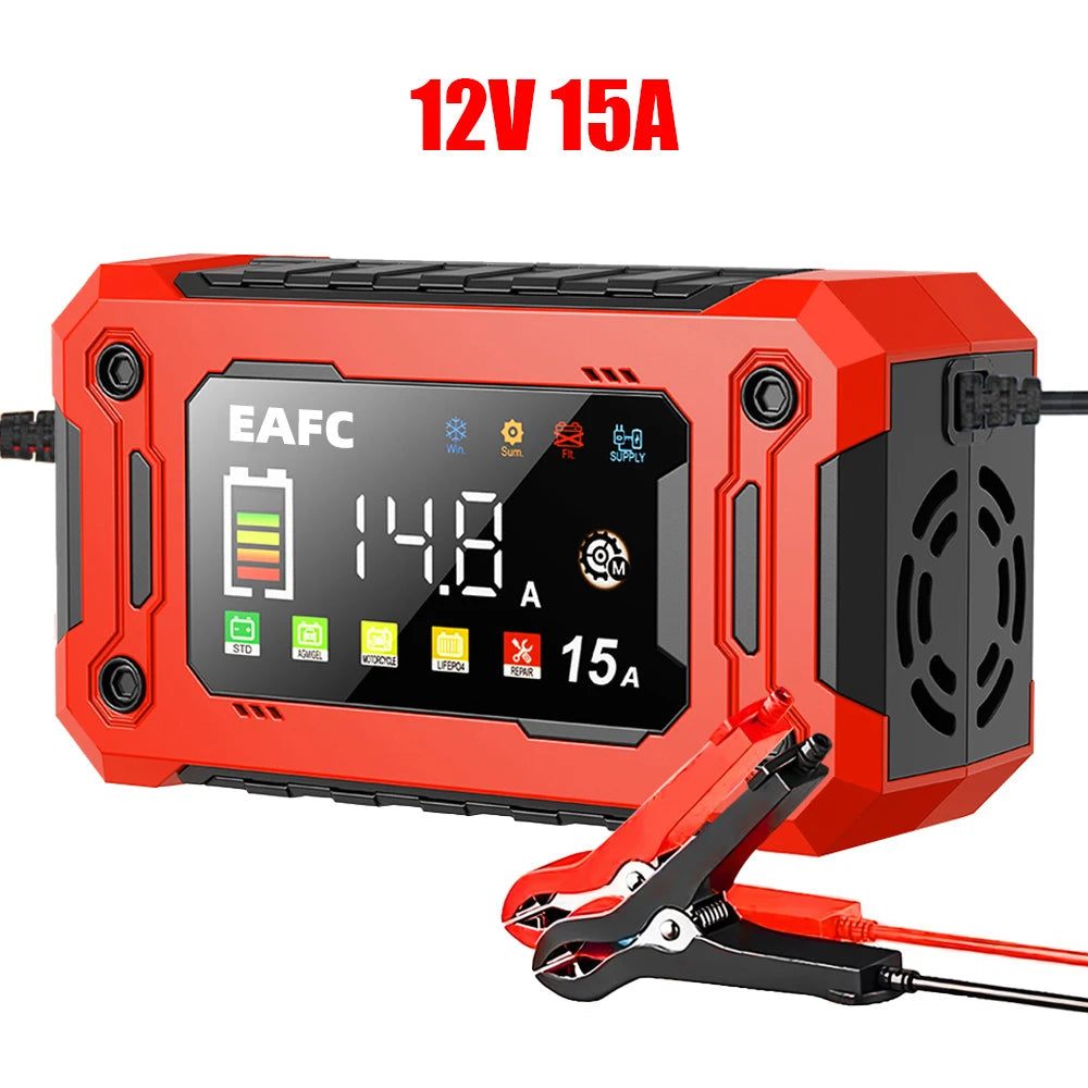 EAFC 12V 15A 8A Car Battery Charger Large Screen Pluse Repair Charger for Auto Moto SUV Lithium AGM Lead acid GEL LCD Display