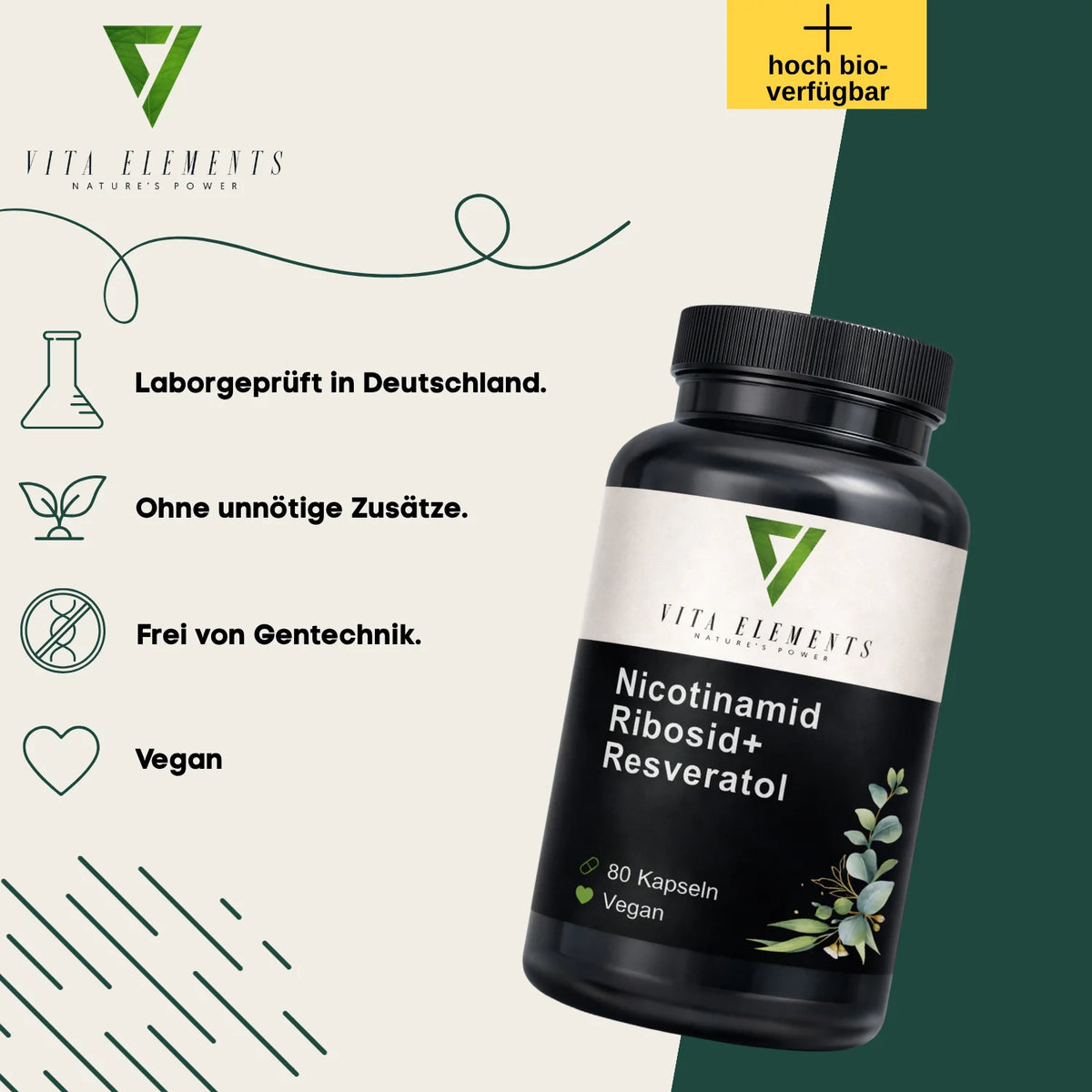 Nicotinamide Riboside Nad+ Capsules |   Laboratory Tested in Germany |   Food Supplements |   Vegan |   Without Artificial Additives |   Free from Genetic Modification |   80 Capsules