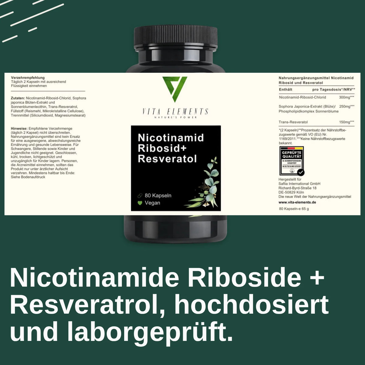 Nicotinamide Riboside Nad+ Capsules |   Laboratory Tested in Germany |   Food Supplements |   Vegan |   Without Artificial Additives |   Free from Genetic Modification |   80 Capsules