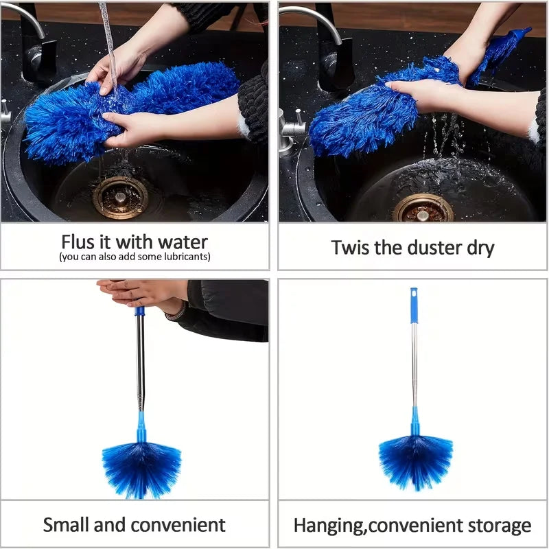Extendable Cobweb Duster with Lightweight Aluminum Pole & Stainless Steel Handle - Medium-Stiff Bristles for Commercial Cleaning