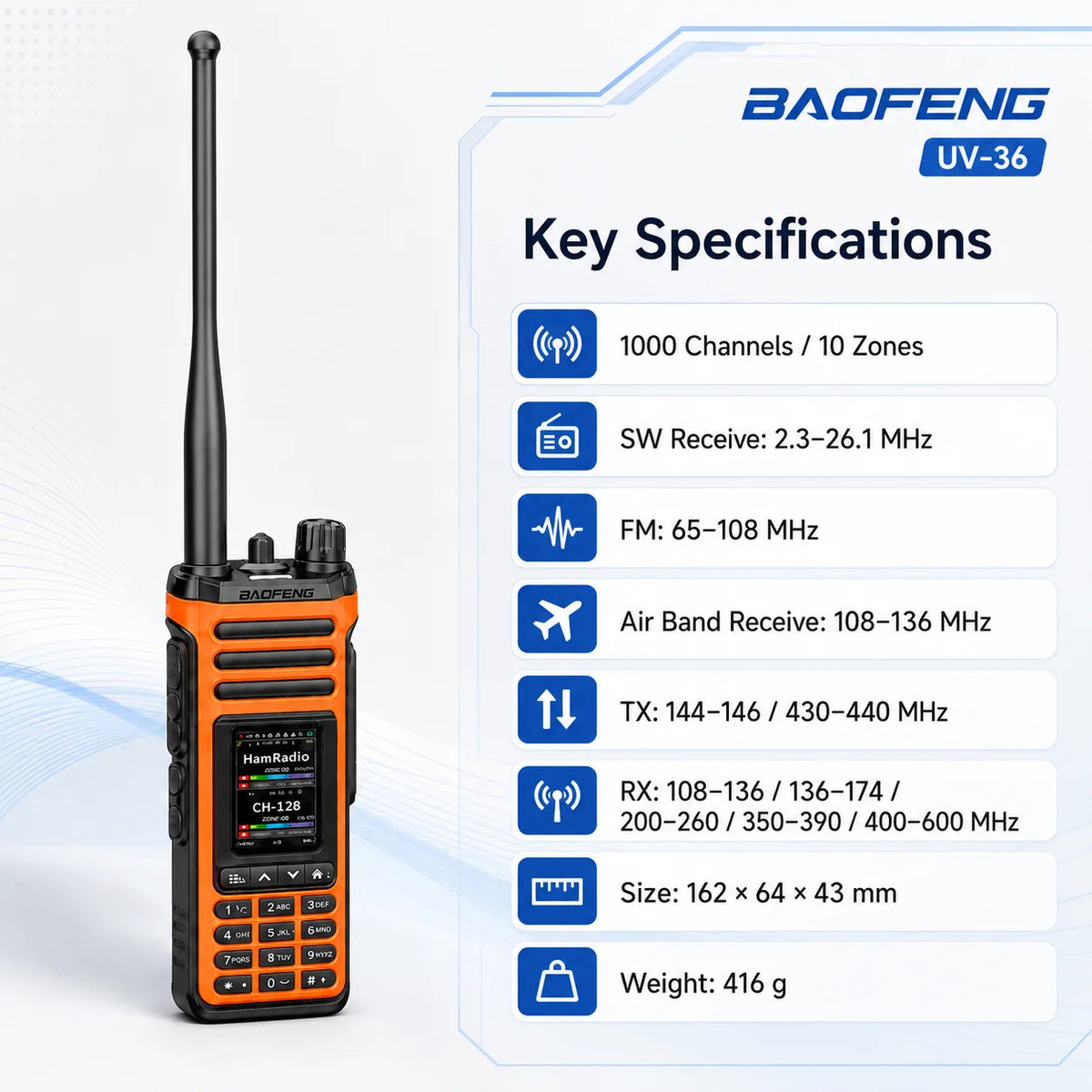 BAOFENG UV-36 PRO Ham Radio 1000CH Bluetooth Shortwave Receiver 2.0'' TFT Dual Band Air Band NOAA Walkie Talkie Type-C