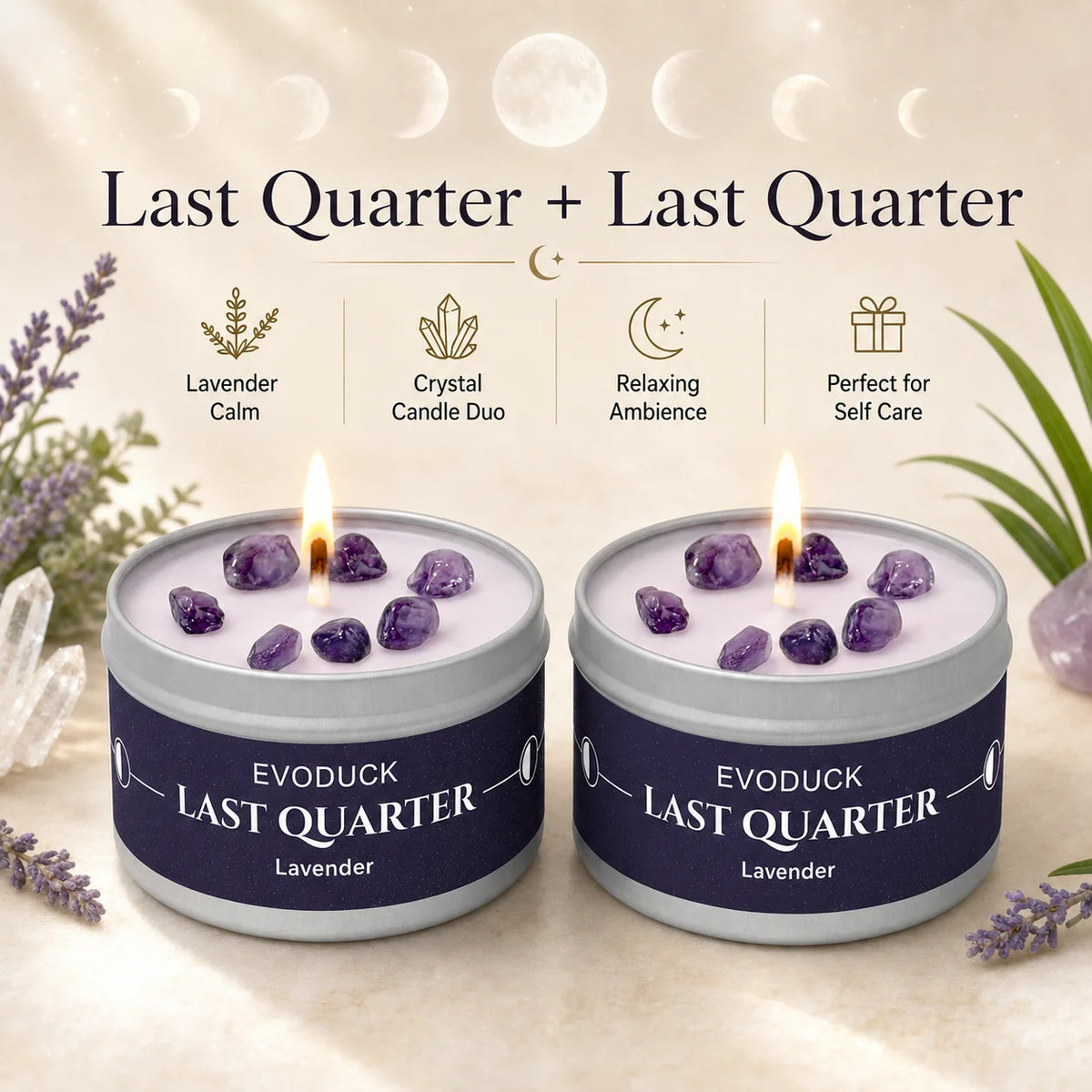 Waning Moon Scented Candle Soy Wax Lavender Scented Candles Silver Tin with Purple Crystal Chips Bestfriend Gifts Gift for Woman
