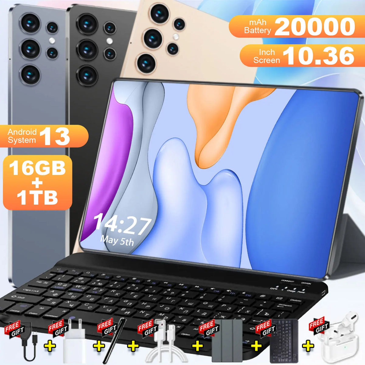 Tablet Android 16GB RAM 1TB ROM 10.36-inch 14 Core Tablet Phone Call Android 13 20000mAh Bluetooth Study Gaming Office Dual Sim 5G WIFI Network Bluetooth GPS WPS