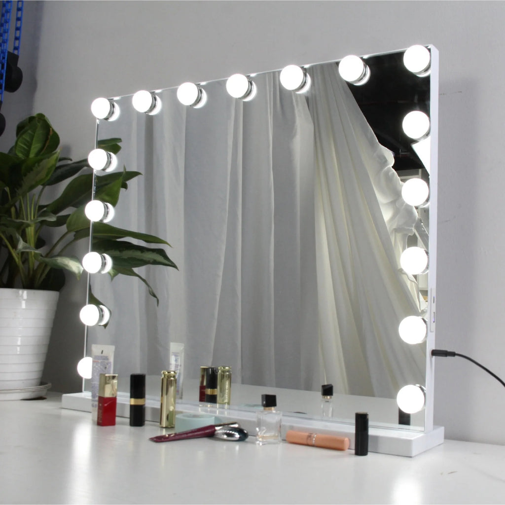 Makeup Mirror with LED Lighting: Docker with 15 Or 12 Bulbs, 3 Modes of Light, Touch Control, USB Rechargeable Makeup Mirror with Magnification and Makeup Light (ESP001 3990 6990 D1)