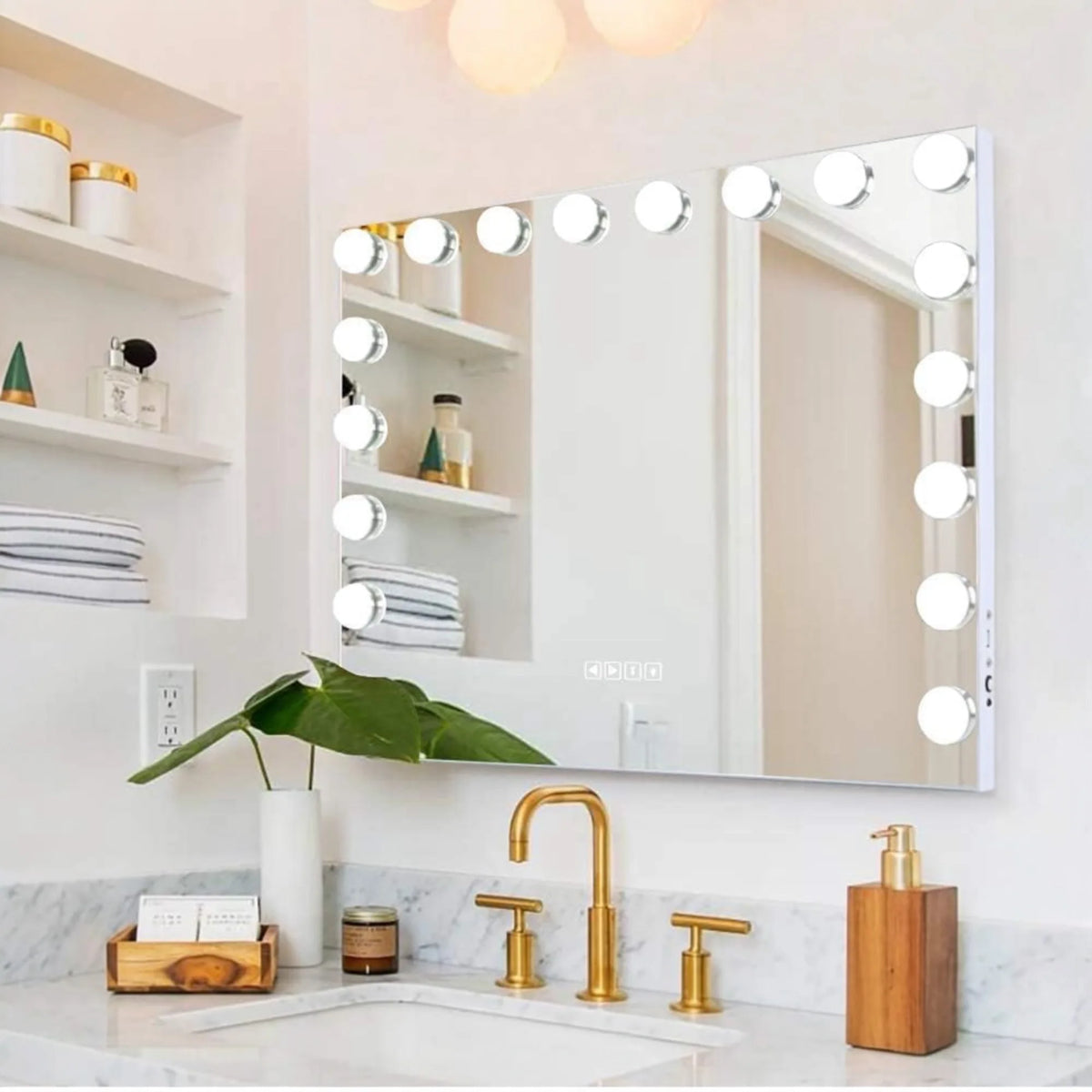 Makeup Mirror with LED Lighting: Docker with 15 Or 12 Bulbs, 3 Modes of Light, Touch Control, USB Rechargeable Makeup Mirror with Magnification and Makeup Light (ESP001 3990 6990 D1)