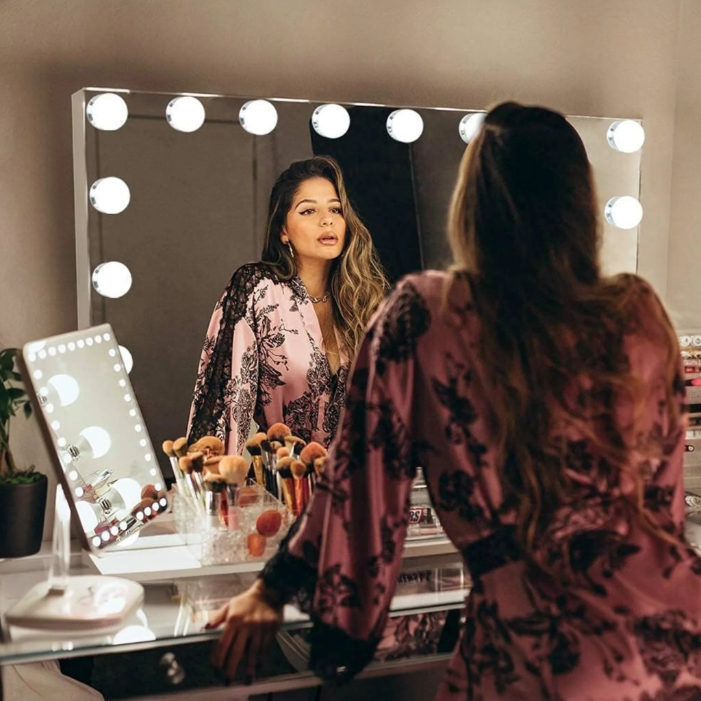 Makeup Mirror with LED Lighting: Docker with 15 Or 12 Bulbs, 3 Modes of Light, Touch Control, USB Rechargeable Makeup Mirror with Magnification and Makeup Light (ESP001 3990 6990 D1)