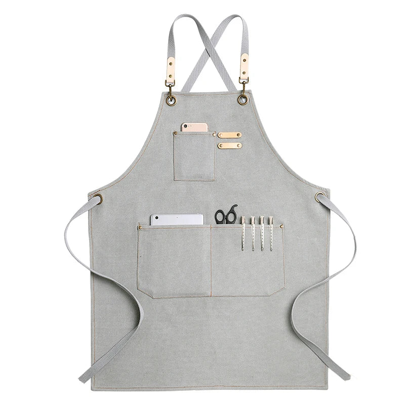 Kitchen Apron Heavy Duty Canvas Barber Work Aprons Unisex Cross Straps Adjustable Salon Hairdresser Bib PU Leather Apron for Men