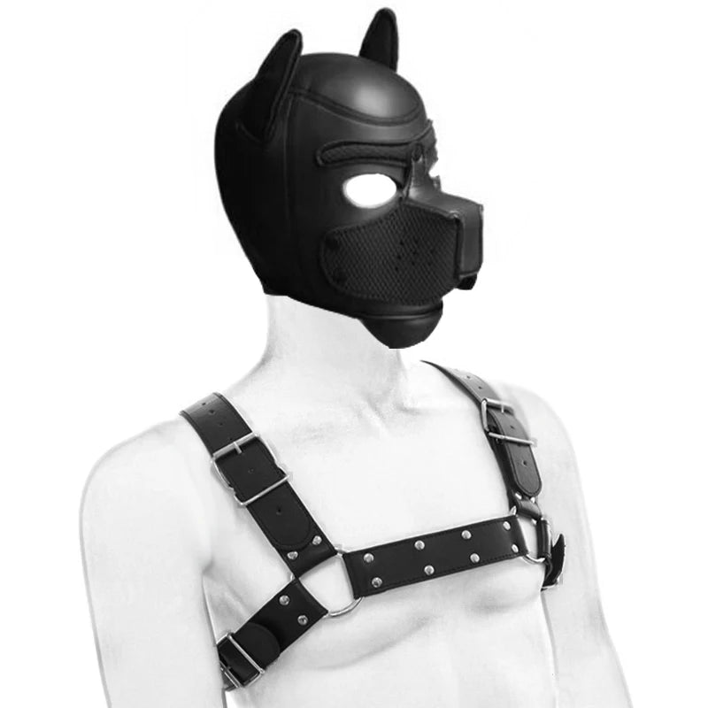 Fashion Puppy Cosplay Dog Mask Head Gear Party PU Leather Rubber Unisex Masks Adjustable Shoulder Strap Leather Chest Harness