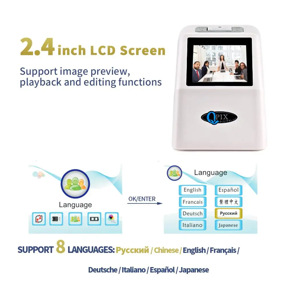 QPIX 22 MP 35mm Portable Film Scanners 135 110 126KPK Super 8 Negative Slide Holder Photo Scanner Film Digital Converter