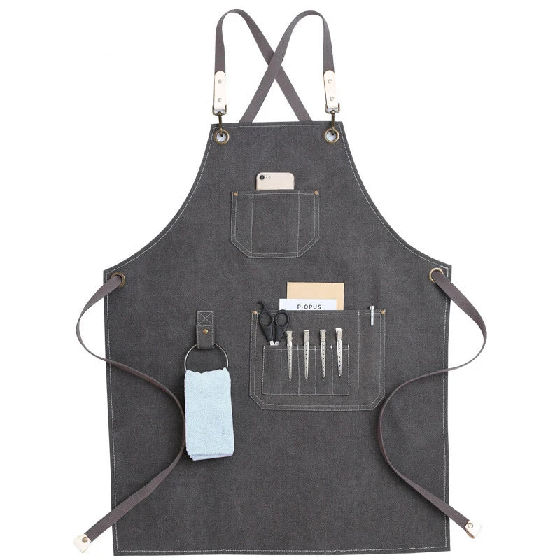 Kitchen Apron Heavy Duty Canvas Barber Work Aprons Unisex Cross Straps Adjustable Salon Hairdresser Bib PU Leather Apron for Men