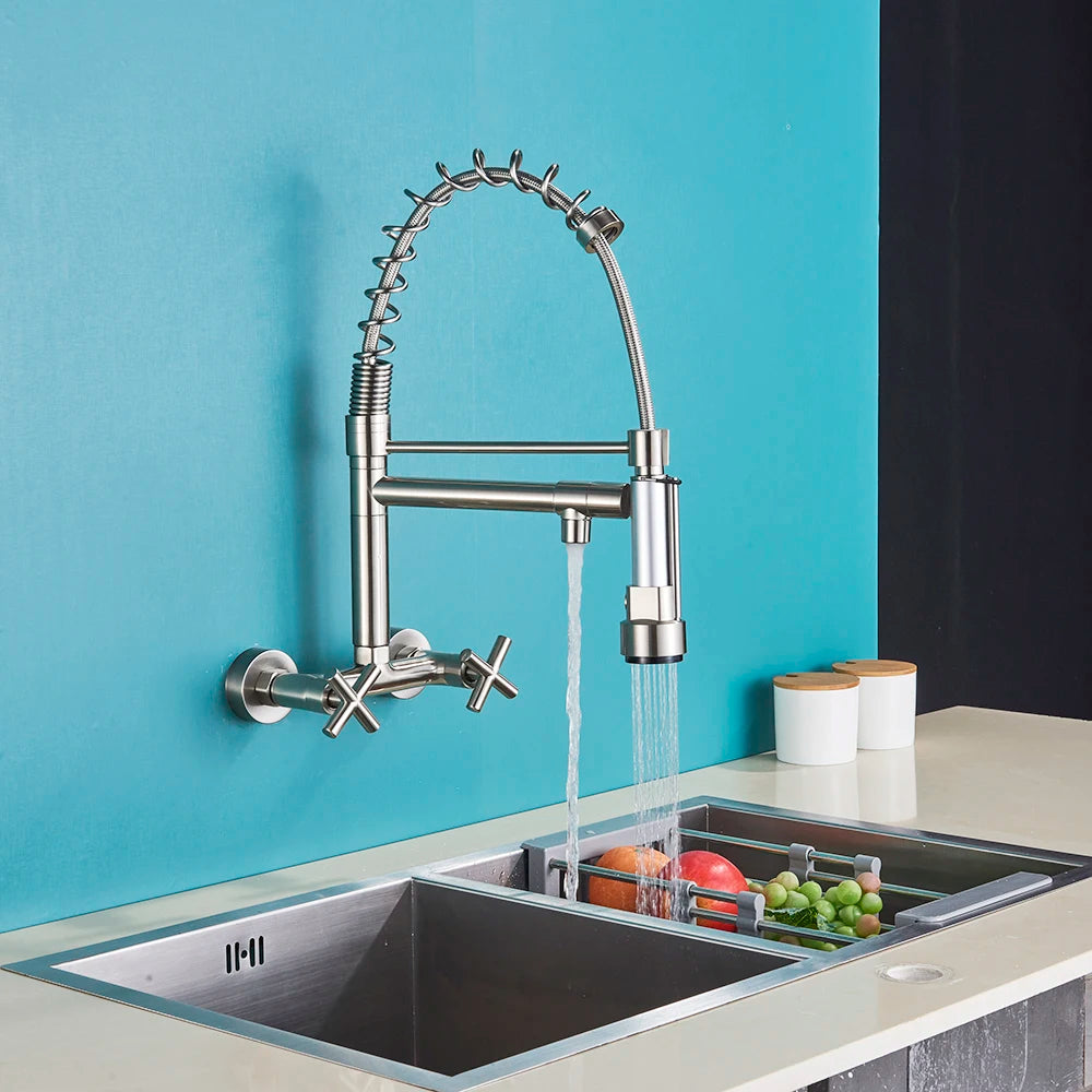 Matte Black Wall Mounted Kitchen Faucet Hot Cold Water Mixer Tap For Kitchen Pull Down Spray 360 Rotation Kitchen Mixer Taps