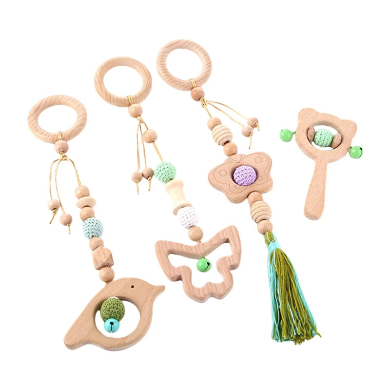 4 Pcs Beech Wood Baby Play Gym Frame Newborn Activity Fitness Rack Hanging Pendants Toys Crochet Rattle Teether Kids Room Decor