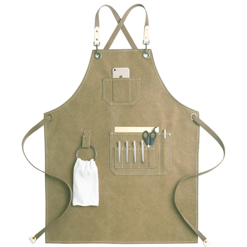 Kitchen Apron Heavy Duty Canvas Barber Work Aprons Unisex Cross Straps Adjustable Salon Hairdresser Bib PU Leather Apron for Men