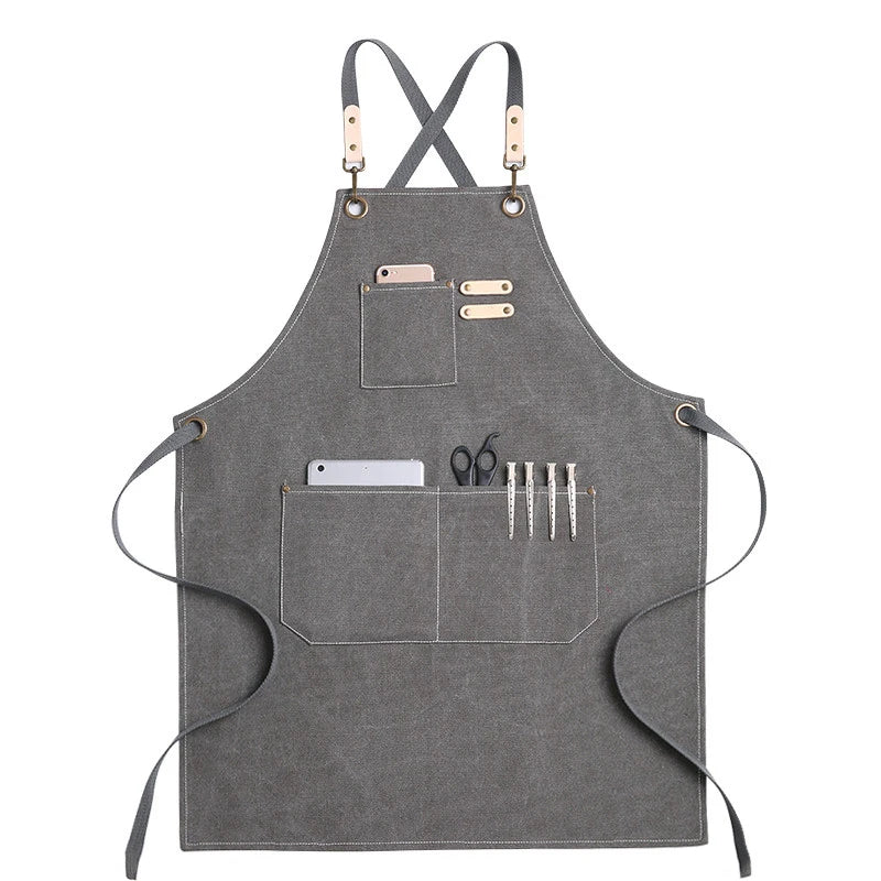 Kitchen Apron Heavy Duty Canvas Barber Work Aprons Unisex Cross Straps Adjustable Salon Hairdresser Bib PU Leather Apron for Men