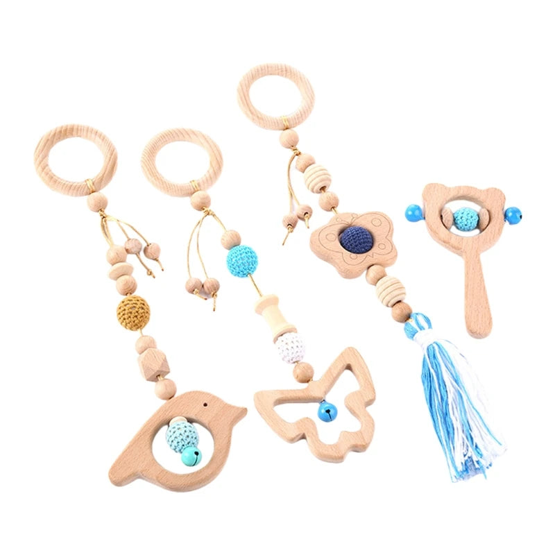 4 Pcs Beech Wood Baby Play Gym Frame Newborn Activity Fitness Rack Hanging Pendants Toys Crochet Rattle Teether Kids Room Decor
