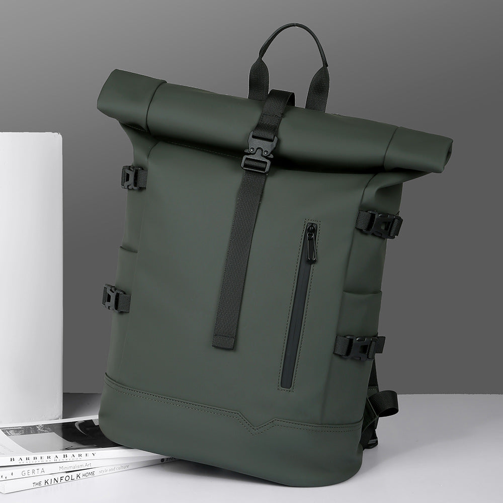 Cross-Border Style - New Fashion Trend Solid Color Rolled Edge Expansion Waterproof Membrane College Student Computer Backpack