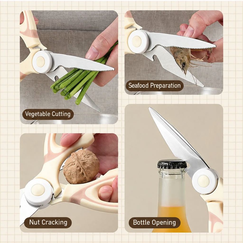 Kitchen Scissors Milk Coffee Color Panda Scissors Multifunctional Chicken Bone Scissors Stainless Steel Household Scissors Fruit Peeling Knife Set