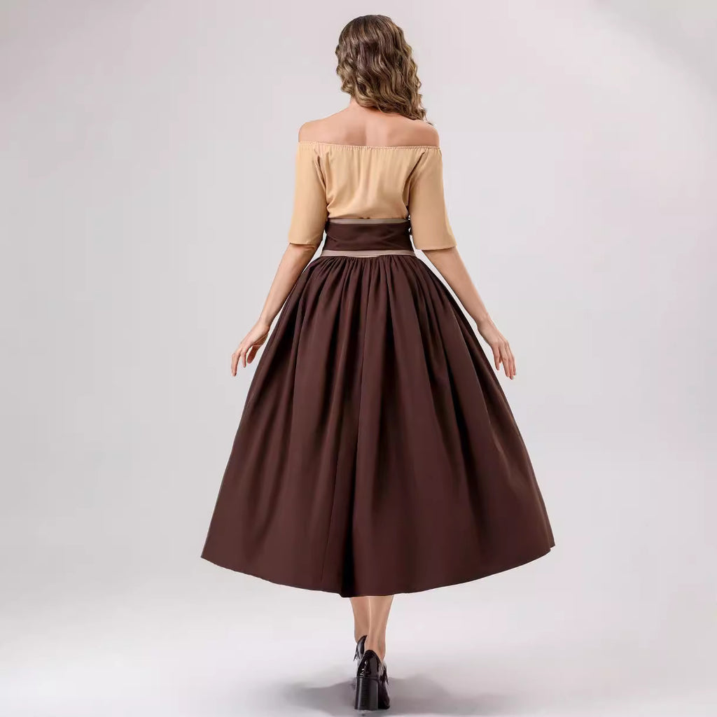 European and American New Arrivals: Medieval Retro Color-Blocking Dress with Flutter Sleeves, Tie-Waist, and Large Hem, Suitable for Masquerade Ball Performance