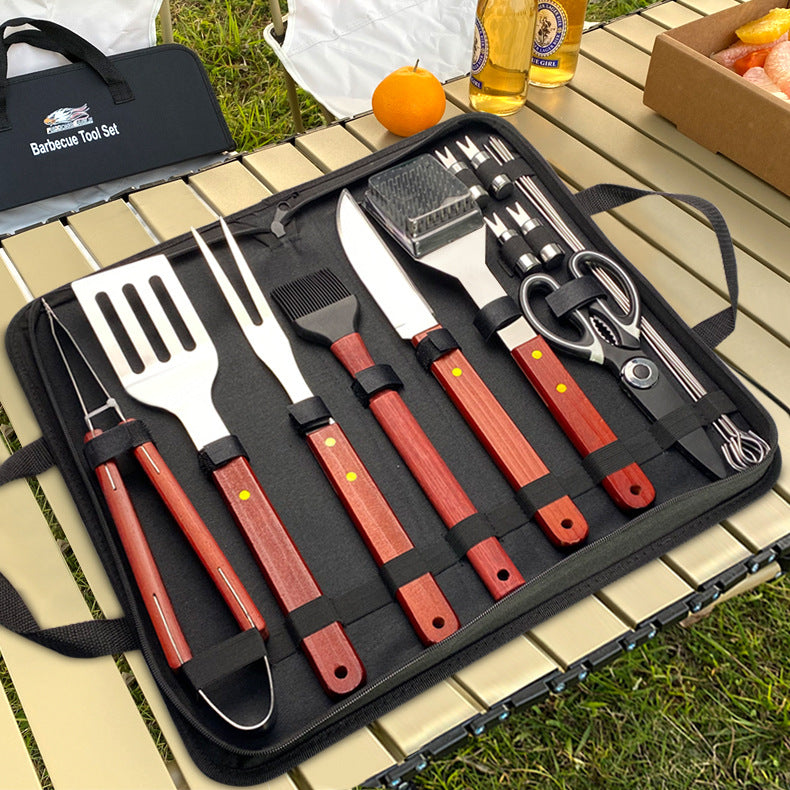 Outdoor camping barbecue tools combination stainless steel grill suit wooden handle fork shovel clip BBQ accessories cloth bag