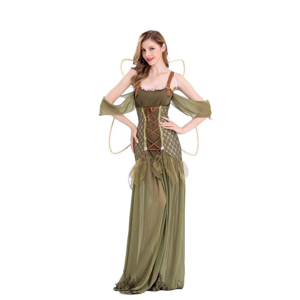 Halloween New Costume Forest Green Elf Flower Fairy Princess Angel Long Dress Ds Performance Costume