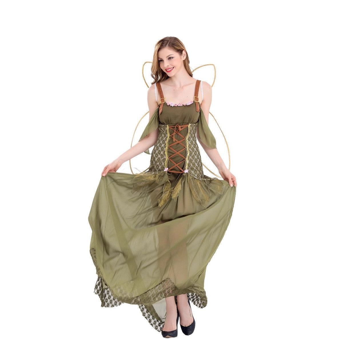Halloween New Costume Forest Green Elf Flower Fairy Princess Angel Long Dress Ds Performance Costume