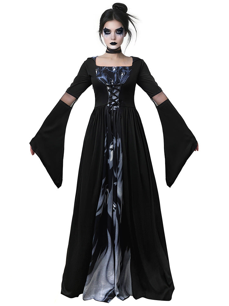 New Halloween Witch Dress Hooded Skeleton Witch Magician Cosplay Stage Performance Costume