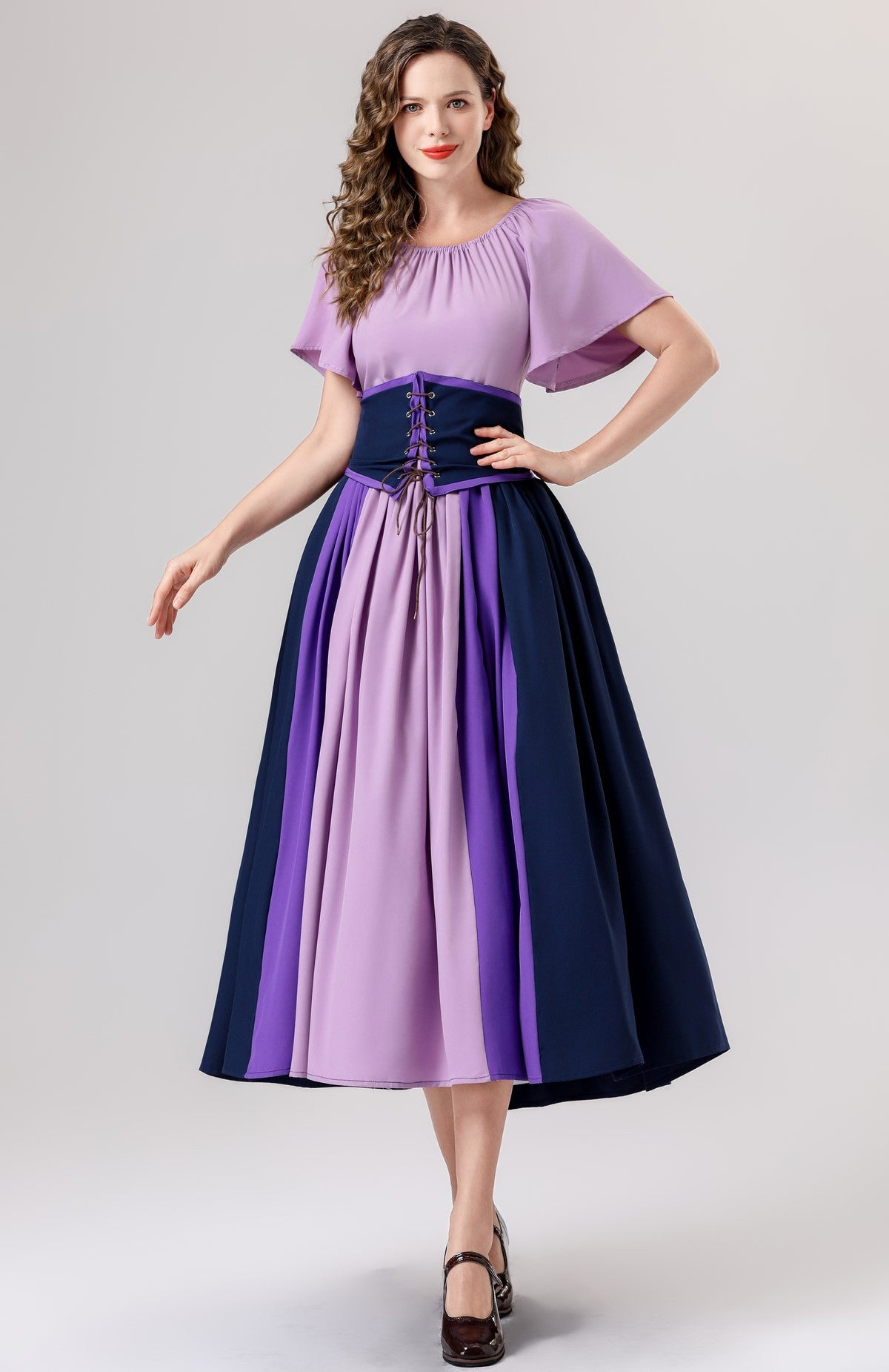 European and American New Arrivals: Medieval Retro Color-Blocking Dress with Flutter Sleeves, Tie-Waist, and Large Hem, Suitable for Masquerade Ball Performance