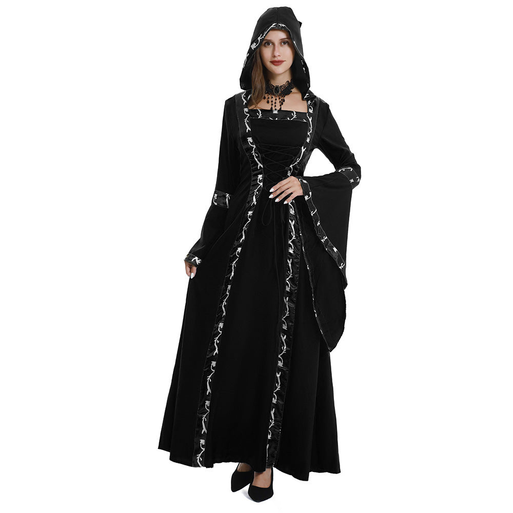 5XL Castle Queen Halloween Retro Medieval Hooded Dress Square Neck Lace-Up Swing Skirt Stage Performance