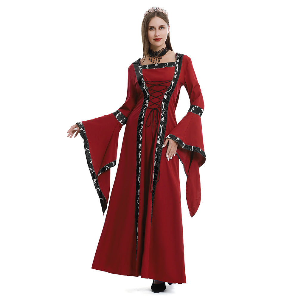 5XL Castle Queen Halloween Retro Medieval Hooded Dress Square Neck Lace-Up Swing Skirt Stage Performance