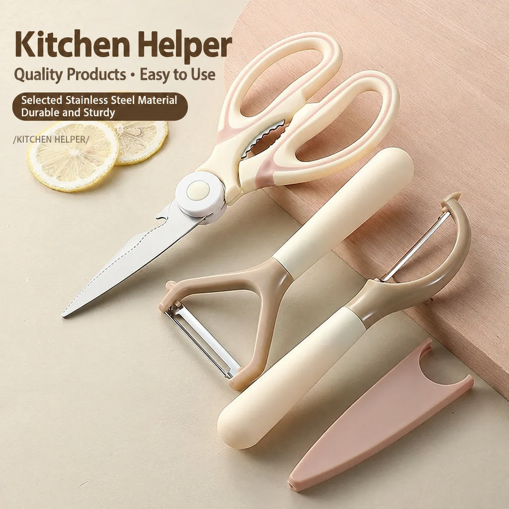 Kitchen Scissors Milk Coffee Color Panda Scissors Multifunctional Chicken Bone Scissors Stainless Steel Household Scissors Fruit Peeling Knife Set
