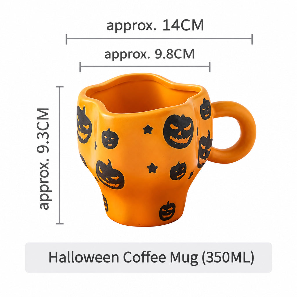 Creative Halloween-Themed Ceramic Cup and Saucer, Irregular Personalized Coffee Cup and Saucer with Pumpkin and Bat Patterns