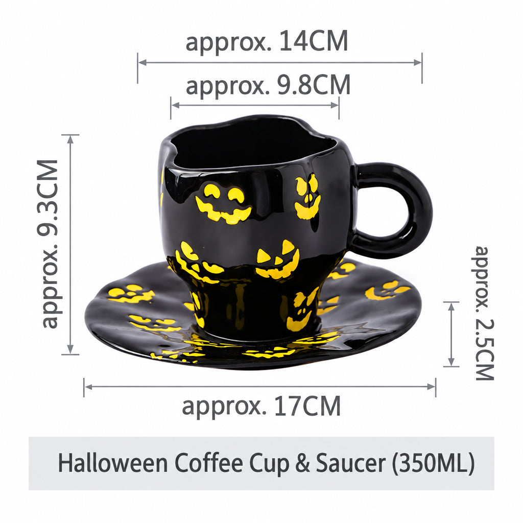 Creative Halloween-Themed Ceramic Cup and Saucer, Irregular Personalized Coffee Cup and Saucer with Pumpkin and Bat Patterns