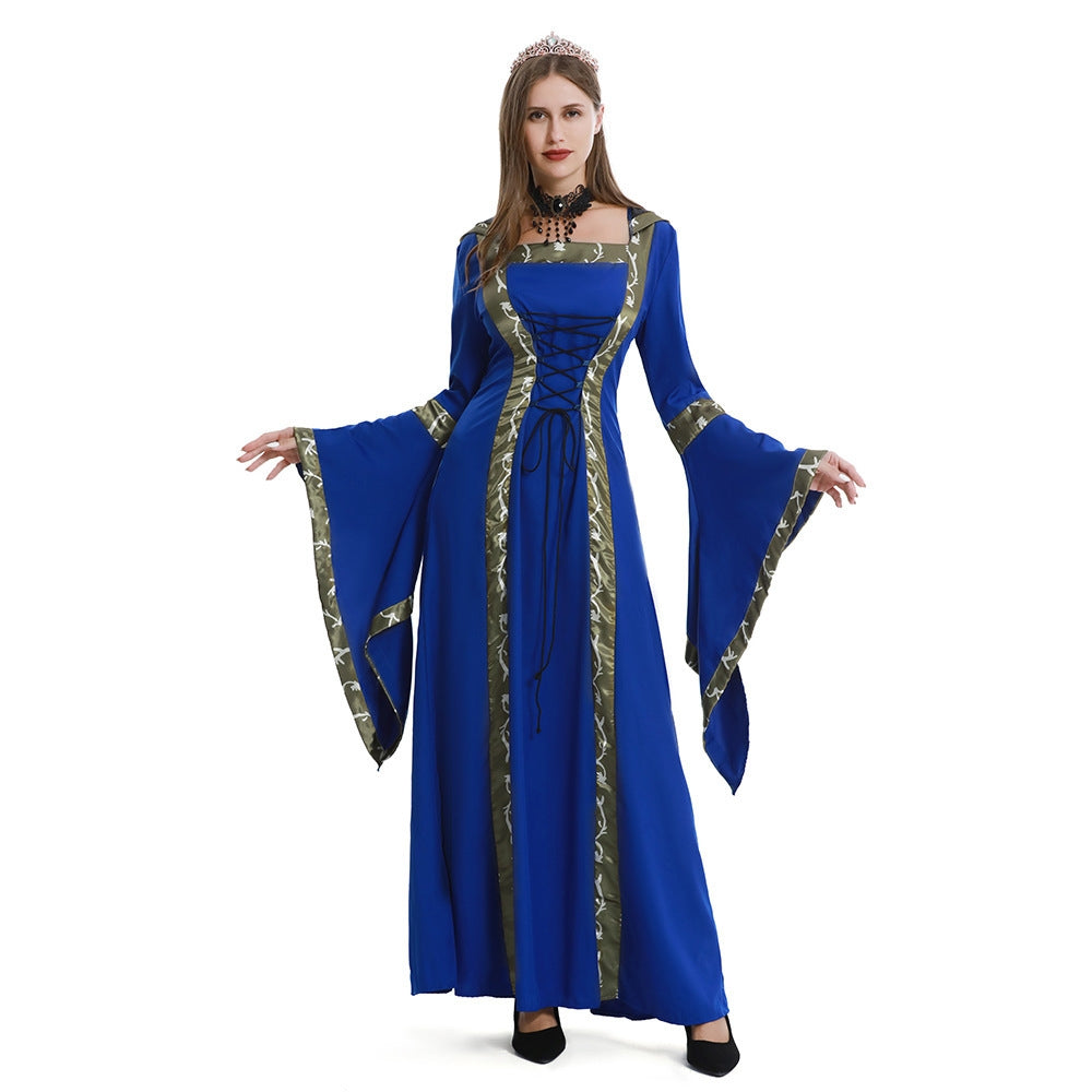 5XL Castle Queen Halloween Retro Medieval Hooded Dress Square Neck Lace-Up Swing Skirt Stage Performance