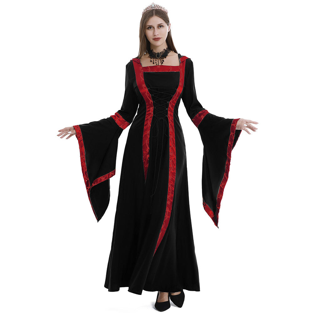 5XL Castle Queen Halloween Retro Medieval Hooded Dress Square Neck Lace-Up Swing Skirt Stage Performance