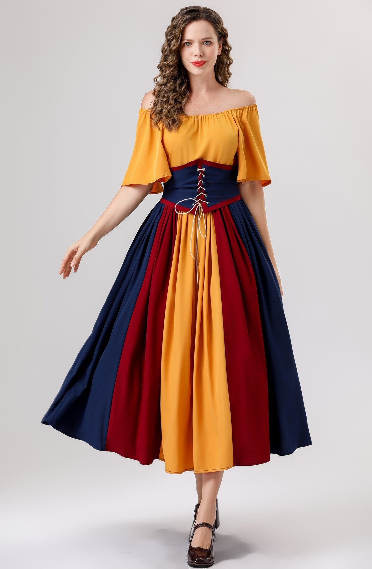 European and American New Arrivals: Medieval Retro Color-Blocking Dress with Flutter Sleeves, Tie-Waist, and Large Hem, Suitable for Masquerade Ball Performance