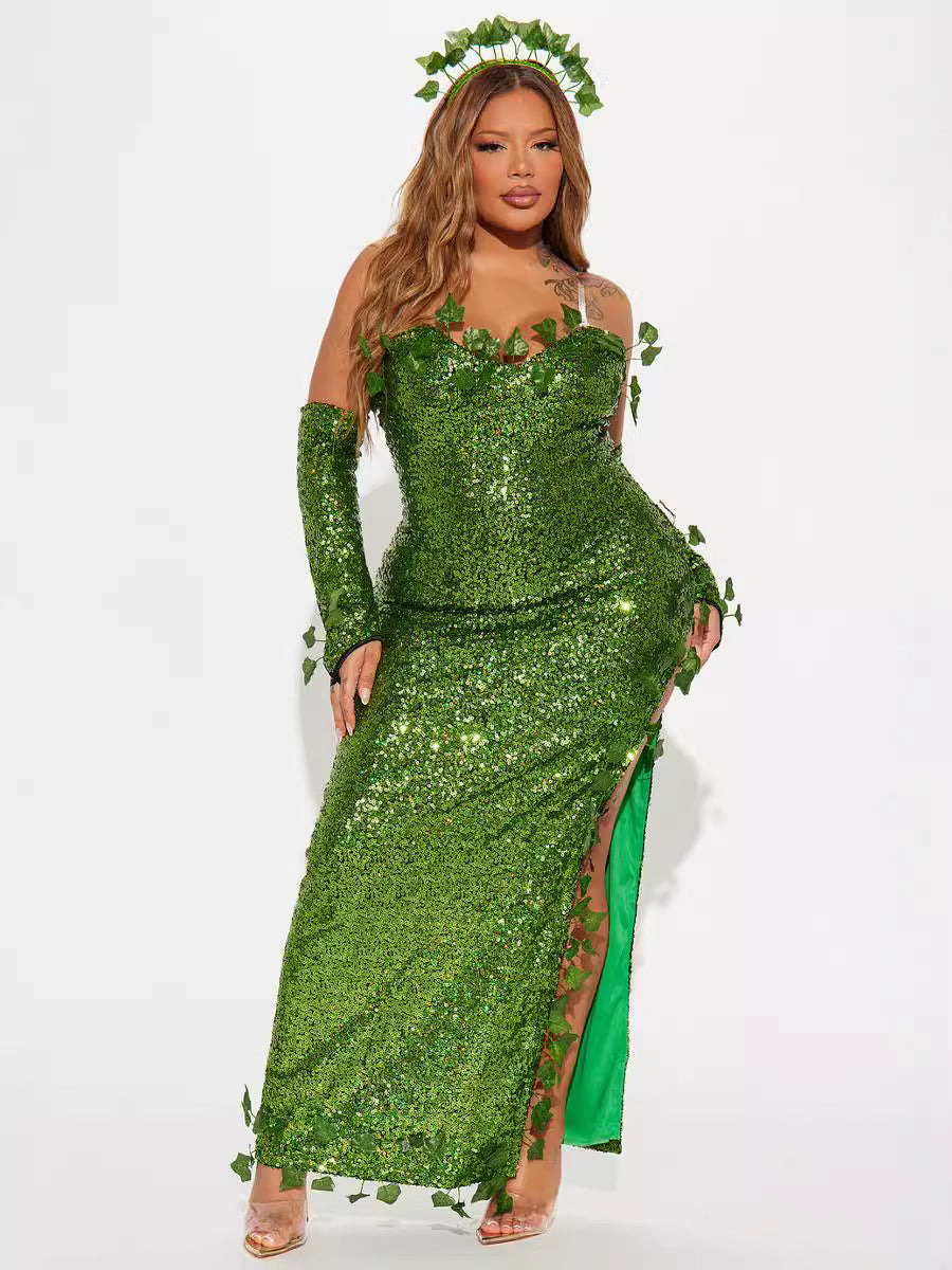 European and American Costume Adult Leaf Sequins Halloween Playing Costume Sexy Dance Dress Costume dress