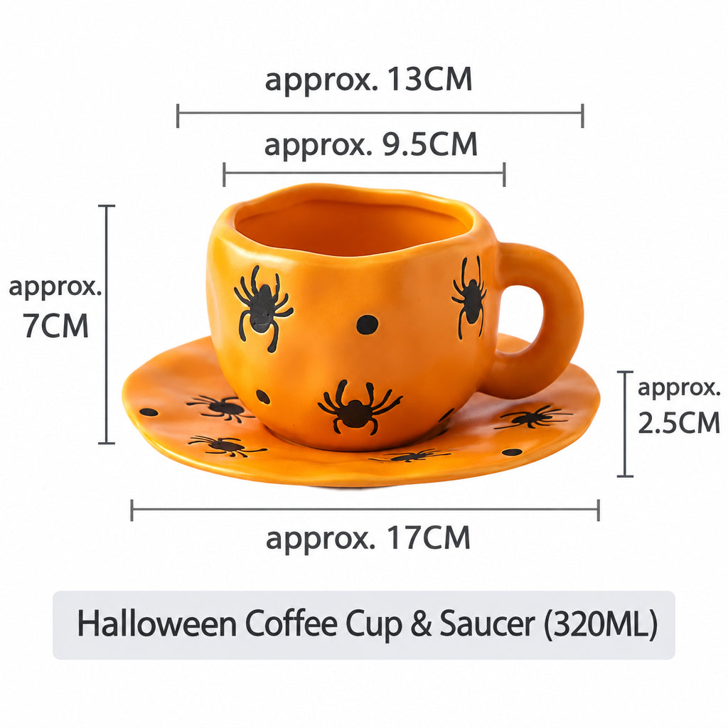 Creative Halloween-Themed Ceramic Cup and Saucer, Irregular Personalized Coffee Cup and Saucer with Pumpkin and Bat Patterns